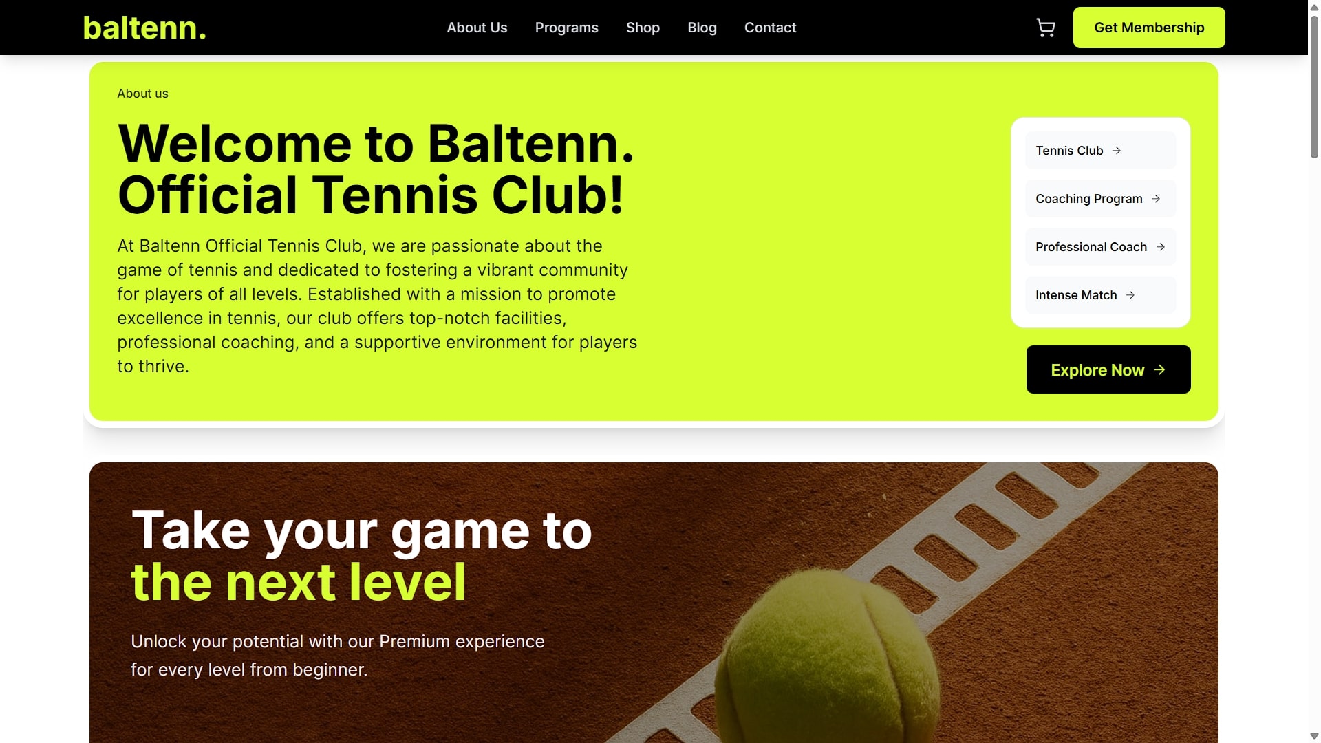 Baltenn Tennis Club responsive website built with React and TypeScript featuring modern court booking system